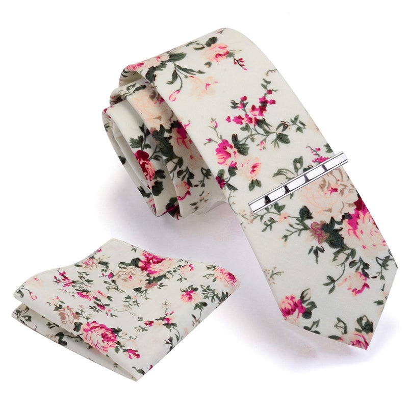 GUSLESON Mens Creamy-white Tie Slim Floral Ties for Men Skinny Cotton Necktie and Pocket Square Sets (0941-09) - Image 1